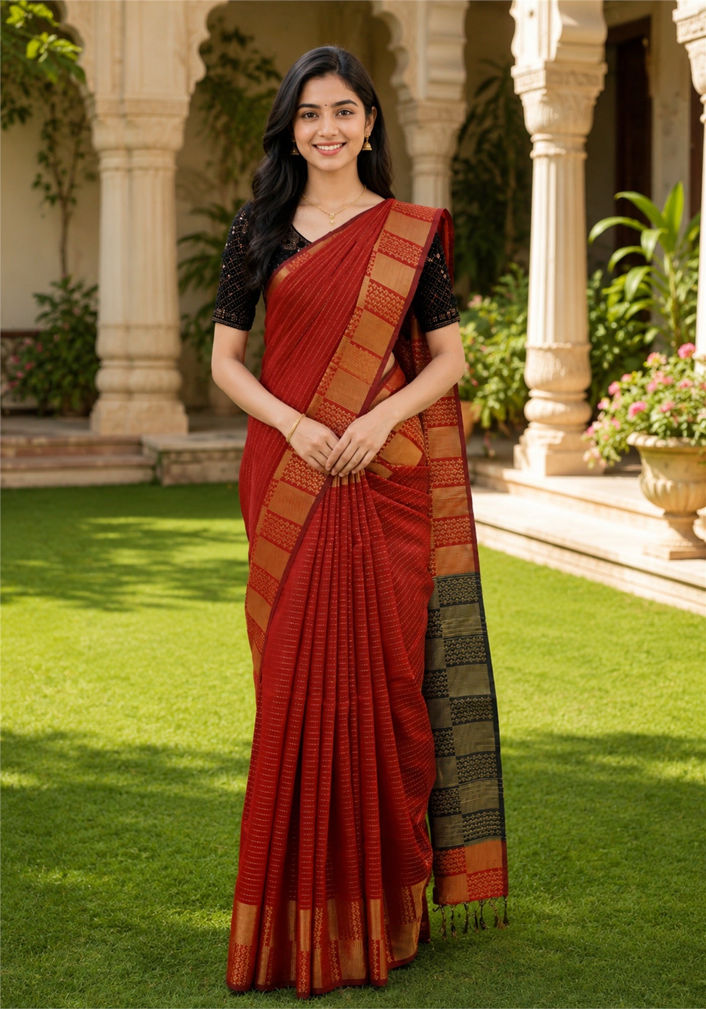 Fancy Saree Black Deep Red Checked Border - KSS-1-8001 - view 1